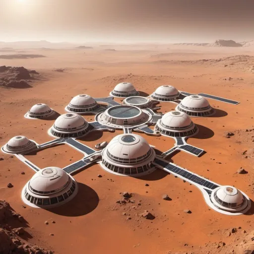 Prompt: what an inhabited large town on Mars would look like