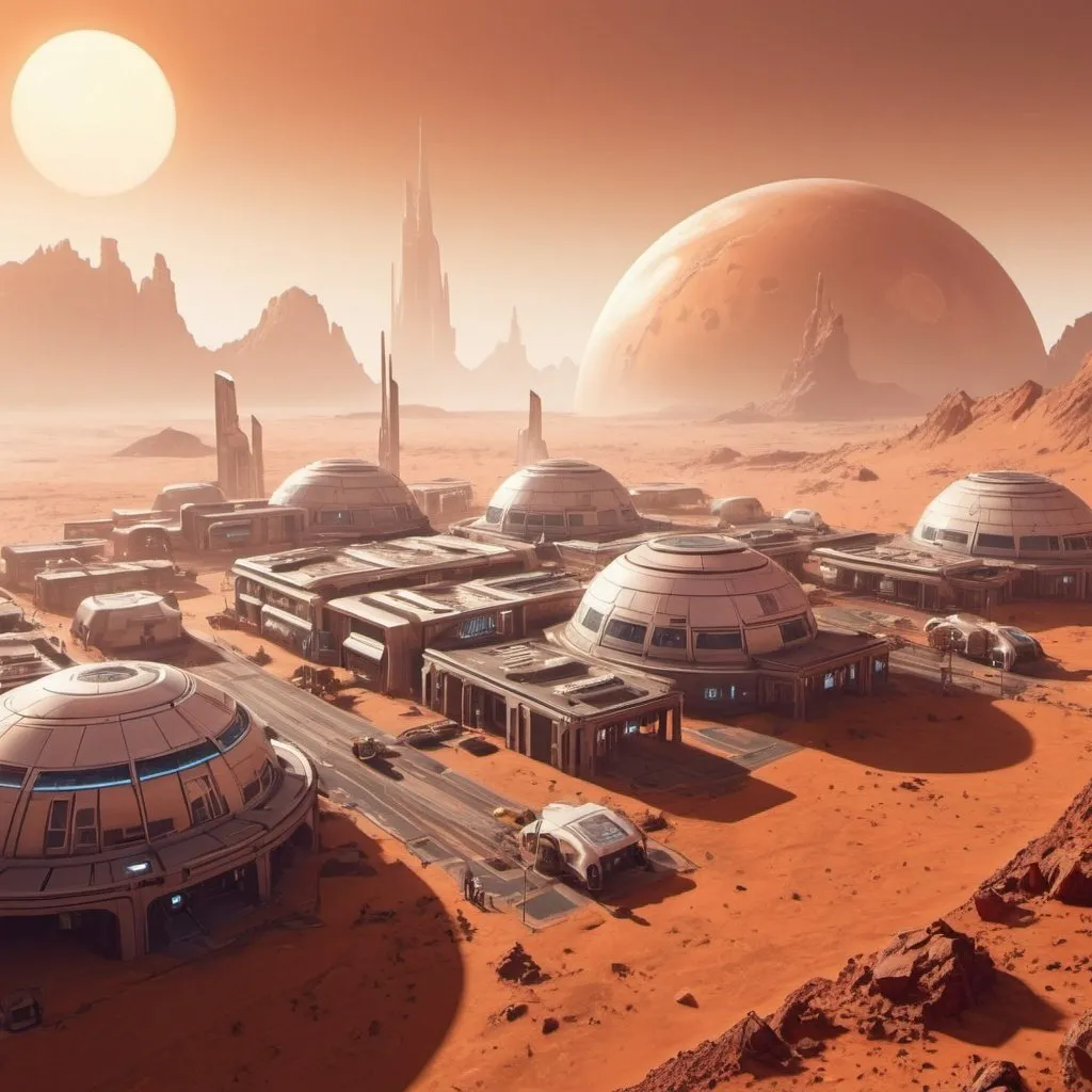 Prompt: an inhabited large town on Mars in the year 2095 at sunrise