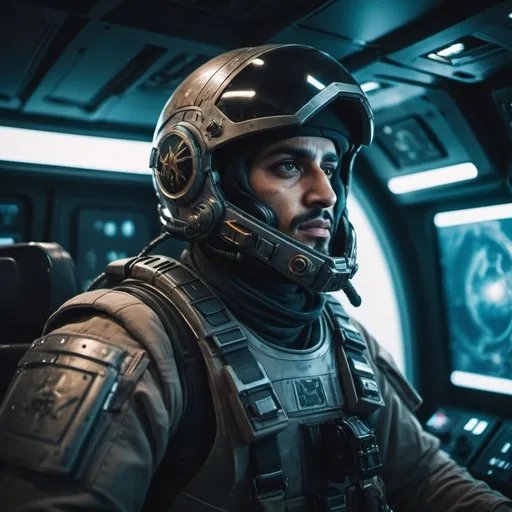 Prompt: middle eastern fighter pilot with advanced sci-fi armor on a spaceship Cinematic film still, shot on v-raptor XL, film grain, vignette, color graded, post-processed, cinematic lighting, 35mm film, live-action, best quality, atmospheric, a masterpiece, epic, stunning, dramatic