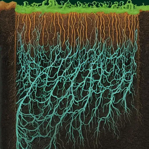 Prompt: A picture of bacteria inhabiting plant roots below the ground