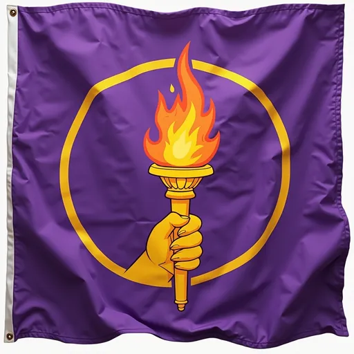 Prompt: A purple flag with a torch in the middle with a yellow hand holding up the torch and a yellow circle around the torch