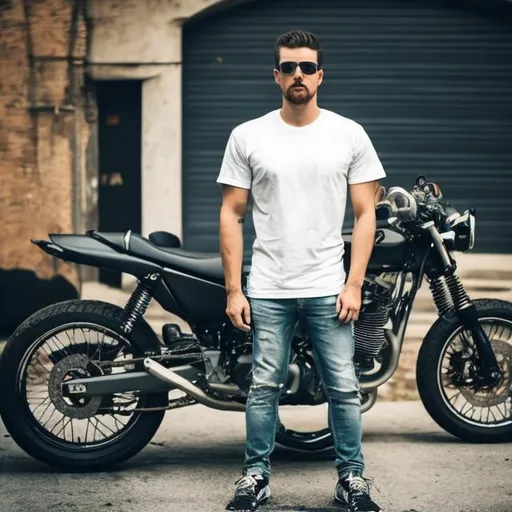 Prompt: image of a man white t shirt in front  of a motorcycle realesitc not somtig in the t shirt
