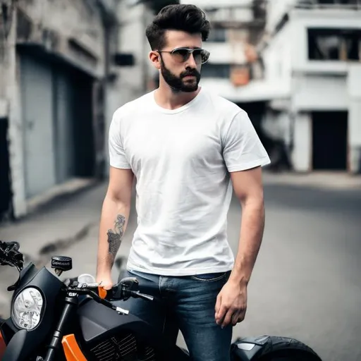 Prompt: image of a man white t shirt in front  of a motorcycle