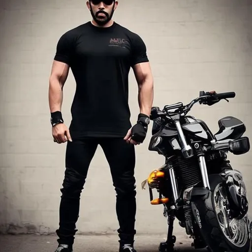 Prompt: a man nice strong  tshirt black  wit a nice motocycle
 realestic no desegne very cool