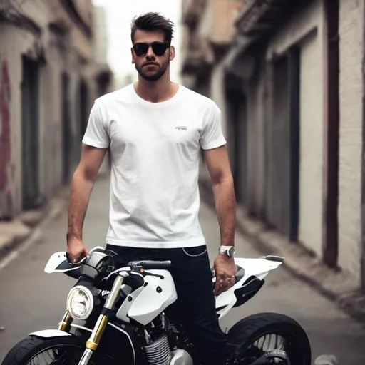 Prompt: image of a man white t shirt in front  of a motorcycle super