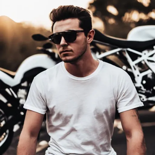 Prompt: image of a man white t shirt in front  of a motorcycle realesitc not somtig in the t shirt
