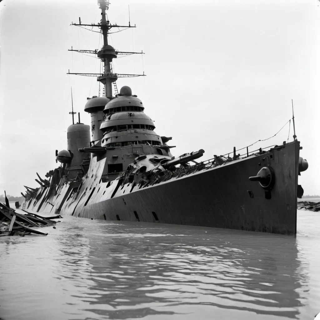 Prompt: Damaged battlecruiser with front turret destroyed, leaning to left, flooding, 1940 black and white photo,