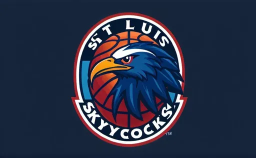 Prompt: Logo for a basketball team called the St Louis Skycocks. The primary color is dark blue, with secondary colors of light blue, red, and white.