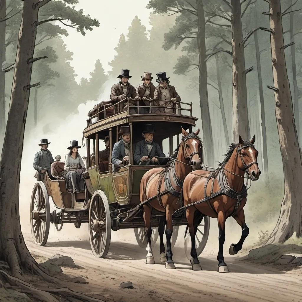 Prompt: In a basic comic book style with muted colours, show a family in a stage coach from 1800, going over rough roads in a forest pulled by a team of horses.
