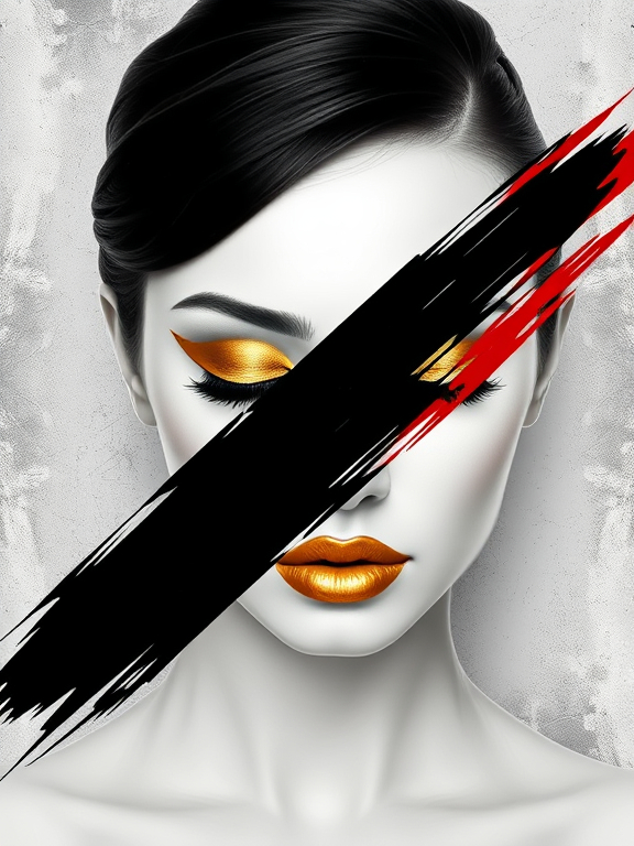 Prompt: Digital art portrait featuring a stylized depiction of a woman's face. The layout is symmetrical, with the subject centered against a textured, abstract background. The woman's skin is painted in a stark white, creating a dramatic contrast with the bold black and gold brushstrokes that sweep across her face. Her eyes are closed, with gold metallic eyeshadow extending into a sharp wing, complementing her gold lips. The black brushstroke crosses diagonally from the top left to the bottom right, intersecting with a vertical red stroke on the right side. Her hair is dark, slicked back, and partially obscured by the brushstrokes. The overall composition is striking, with a high contrast between the monochrome and metallic elements, emphasizing the artistic and avant-garde style of the image.