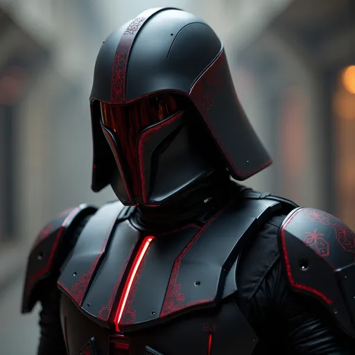 Prompt: Helmet:
Shape: More angular and aggressive, with sharper cheek ridges and a deeper brow that gives a more intimidating silhouette.

Finish: Matte obsidian black with subtle crimson accents reflecting Sith runes, visible only under certain light.

Vents: Smaller and refined breathing vents built into the lower faceplate, giving it a quieter but more menacing rasp.

Eyes: Enhanced crimson-tinted visors capable of infrared, ultraviolet, and Force aura tracking.

Chestplate:
Material: Cortosis-durasteel alloy layered in black and deep blood-red, able to withstand lightsaber strikes.

Design: Sleek but thick-plated; the iconic central life support panel is reduced and partially integrated into the suit’s internal systems, with only a thin red light strip running vertically down the middle.

Glow: Faint red conduits run beneath the armor like exposed veins, pulsing when he channels the Force.

Gauntlets:
Tech-Enhanced: Built-in surge projectors allow for controlled Force lightning emission. They also house data probes and micro-grapples.

Design: Ribbed armor segments ending in clawed gloves that enhance grip and weapon retention.

Cape:
Material: Heavy segmented plasteel-fiber weave, resistant to blaster fire and capable of stiffening into a wing-like form during high-speed movement or gliding.

Look: Black with a faint red shimmer in the folds—more battle-mantle than cloak.

Leg Armor and Boots:
Structure: Reinforced for rapid movement with silent servos. The boots have magnetic soles and shock-dampening treads for explosive landings.

Detailing: Sith glyphs engraved into the shin guards; these faintly glow during lightsaber duels or Force surges.

Lightsaber:
Appearance: Sleek hilt, longer than standard. The blade is crimson, but crackles with unstable energy like Kylo Ren’s saber—an intentional modification reflecting Vader’s raw dark side mastery