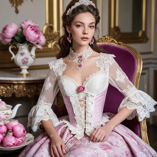 Prompt: Beautiful model in classic romance rococo design,fushia  peonies 
and white lace, Dantel luxury interiors, palace French Antoinette, brown hair, detailed lace and floral patterns, high-end luxury, lighting, tea party  pastel palette, luxurious, highness, ultra-detailed, rococo, elegant girl detailed cross stitched  floral motifs, rococo style hair,
tea party tea set