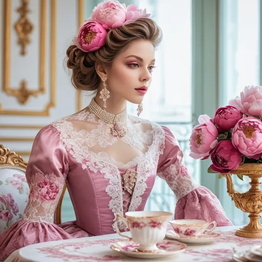 Prompt: Beautiful model in classic romance rococo design,pink fushia  peonies 
and white lace, Dantel luxury interiors, palace French Antoinette, brown hair, detailed lace and floral patterns, high-end luxury, lighting, tea party  pastel palette, luxurious, highness, ultra-detailed, rococo, elegant girl detailed cross stitched tablecloth  floral motifs, rococo style hair,
tea party tea set