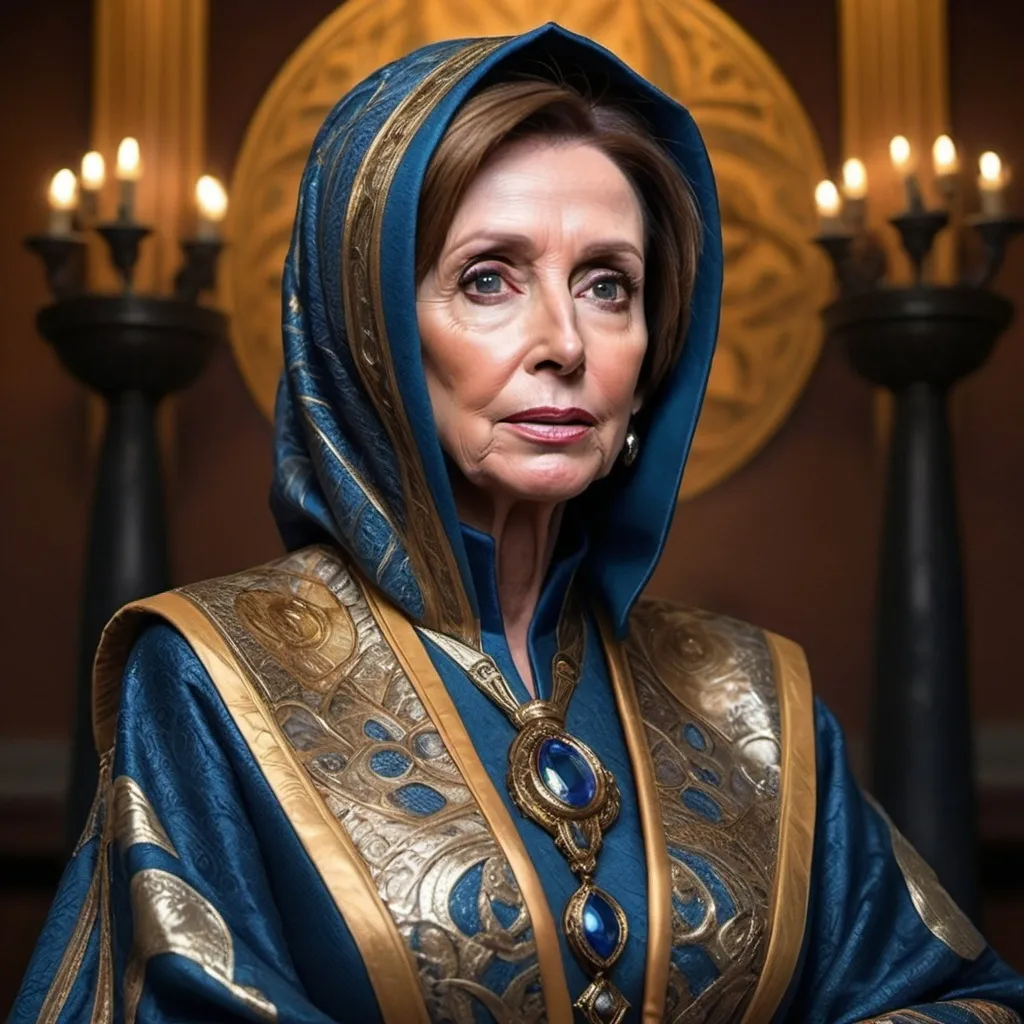 Prompt: (Nancy Pelosi as Bene Gesserit), elaborate robes, intricate patterns, powerful pose, (mysterious atmosphere), deep, rich colors, dramatic lighting, surreal background landscape, ethereal glow, (strong expression), invoking authority and wisdom, vividly detailed features, layered textures, cinematic quality, high resolution, ultra-detailed, fantasy-inspired elements, symbolizing knowledge and strength.