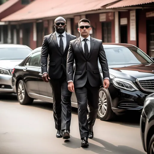 Prompt: A suited bodyguard escorting a VIP client to a waiting saloon car