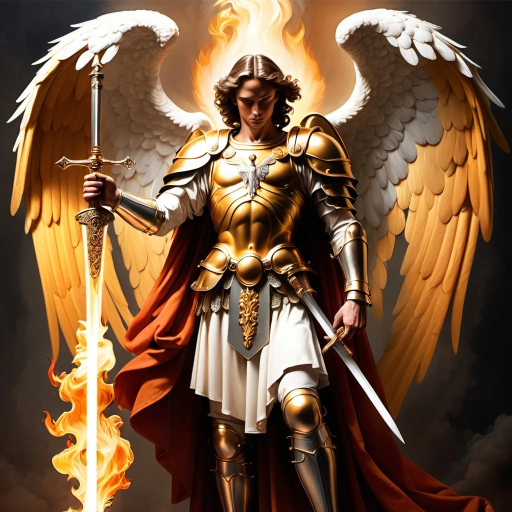 Prompt: A picture of An Archangel Saint Michael, standing and with his hand a  flame sword and he's protecting a man, the logo uploaded is on the man's robe not on the whole picture 