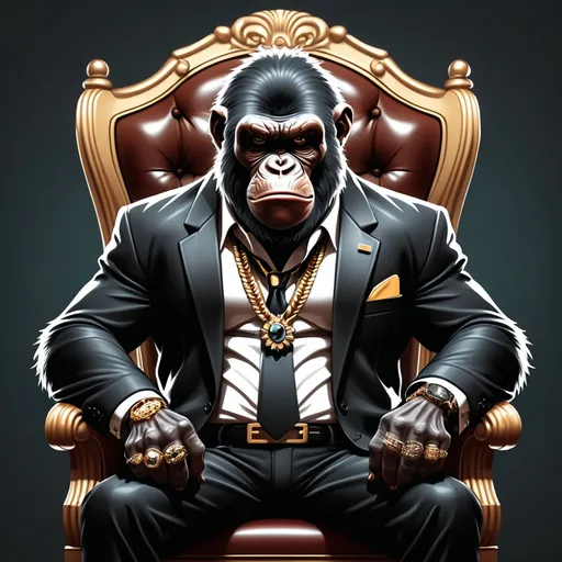 Prompt: A angry bl
ack ape wearing classic and jewelry with galsses on sitting on a chair cartoon style
