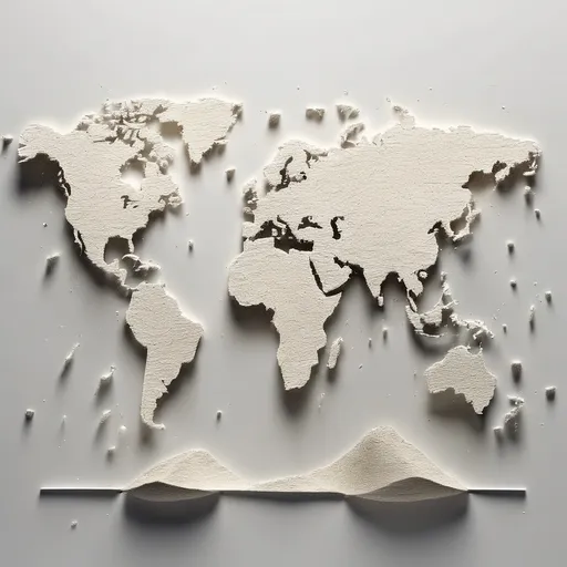 Prompt: White, very fine grains fall from space in a homogeneous way and create the Earth map in 2D format. highlights, cut old paper backdrop, bold brushstroke, gritty texture,