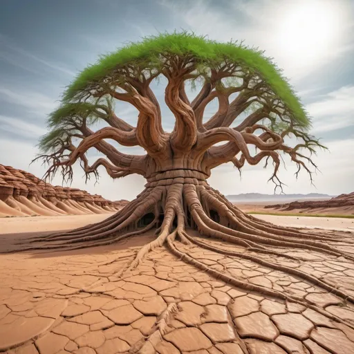 Prompt: Gigantic ancient tree that looks like a fossil of eroded stone with roots like crab tentacles entering the dry earth of a hill full of very green grass in the middle of the Martian desert.