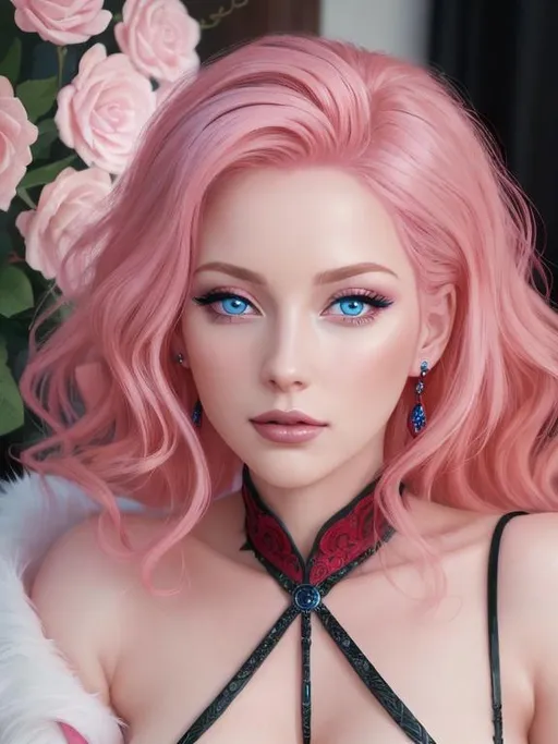 Prompt: A hyper realistic detailed image of a ((sexy woman)) with ((a pale skin skin)) (((Pink hair))) ((royal blue eyes)) with ((sexy RED and BLACK outfit)), with a plunging neckline, balayage wild hair, highly detailed, digital painting, Trending on Deviantart, HD quality, ((by JuneJenssen))