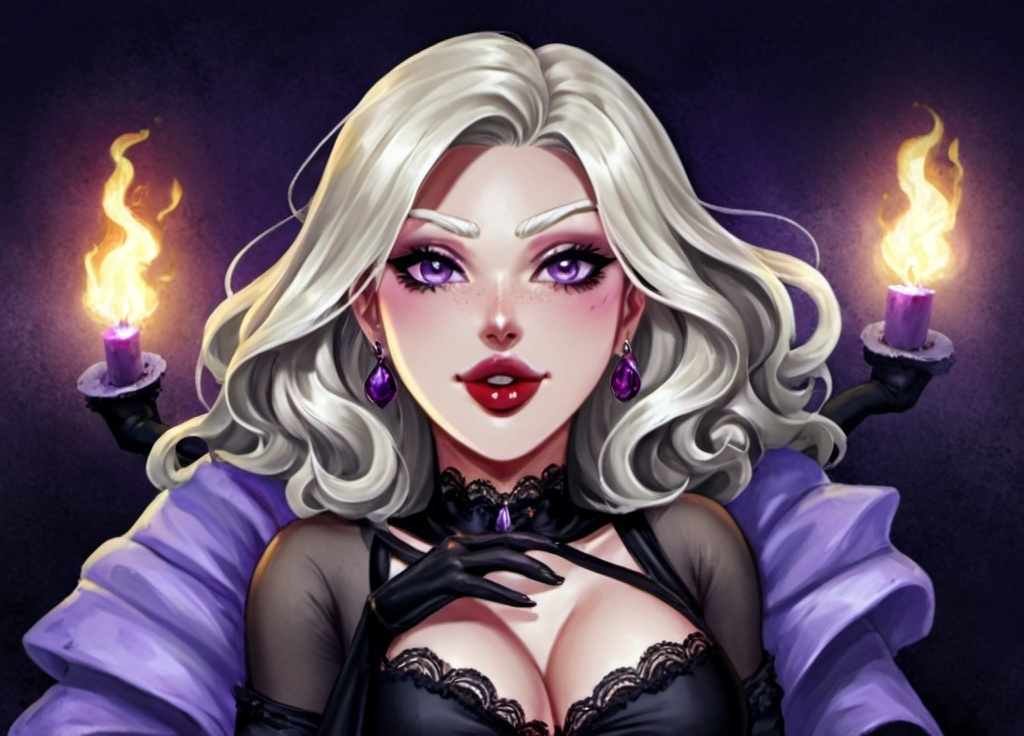 Prompt: A hyper realistic detailed image of a ((woman)) alchemist with ((lilac eyes)) and (((long cream hair))), with ((dark hot outfit)), with red lips, with a plunging neckline, balayage wild curly hair, highly detailed, digital painting, Trending on Deviantart, HD quality, ((by JuneJenssen))