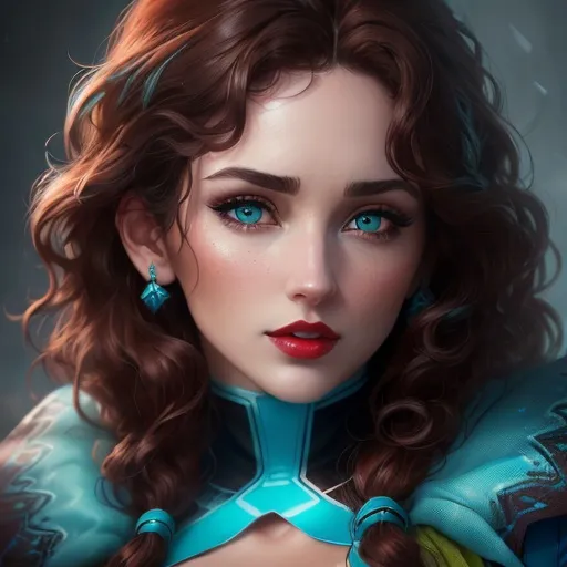 Prompt: A hyper realistic detailed image of a ((woman)) with ((cold turquoise eyes)) and (((dark brown hair))), with ((pale blue and white hot outfit)), with red lips, with a plunging neckline, balayage wild curly hair, highly detailed, digital painting, Trending on Deviantart, HD quality, ((by JuneJenssen))