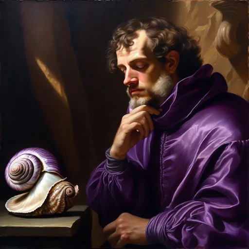 Prompt: Painted portrait of a man in Renaissance style, purple attire, studying large murex snail shell, contemplative expression, mountainous backdrop, sunlight illuminating face, oil painting, detailed facial features, rich colors, Renaissance style, mountain backdrop, contemplative expression, detailed clothing, sunlight beam, high quality, oil painting, Renaissance, contemplative, detailed, rich colors, mountainous backdrop, sunlight illumination