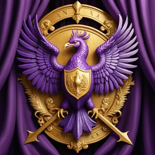 Prompt: coat of arms, royal purple curtain background, majestic golden phoenix, wings spread wide, three arrows in beak, holding in feet large murex snail shell cracked down the middle