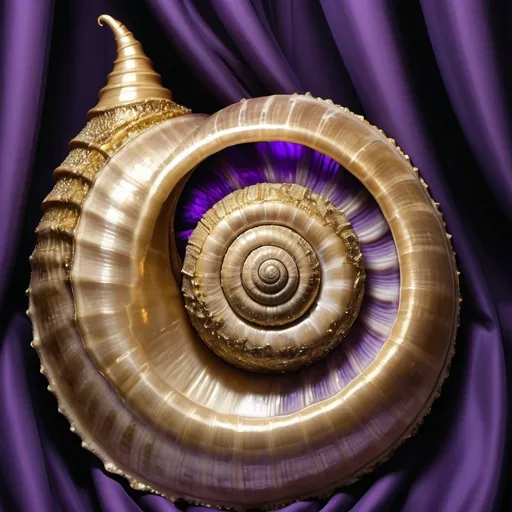 Prompt: Giant, cracked gold murex trunculus snail shell, glimmering, regal purple drapes, high quality, detailed, regal, opulent, royal, majestic, gold, cracked, shimmering, grand, luxurious, intricate, grandiose, elegant, extravagant, purple drapes, highlights, royal lighting