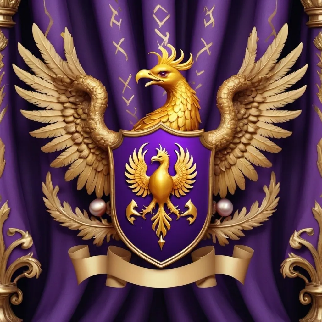 Prompt: Baronial coat of arms with majestic golden phoenix, wings spread wide, royal purple curtain background, noble symbols and crests, 2D rendering, royal symbolism, gold and purple tones, holding cracked murex snail shell, three arrows in beak. cracked snails, blank parchment banner