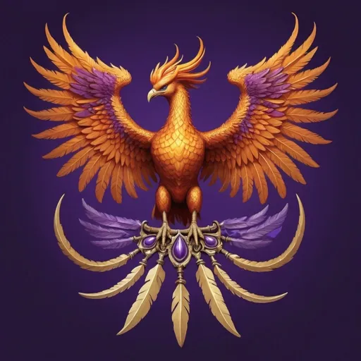 Prompt: A majestic phoenix with its wings spread wide, with seven arrows gripped in its beak, clutching in its claws a murex shell cracked down the middle, against a background of royal purple drapery