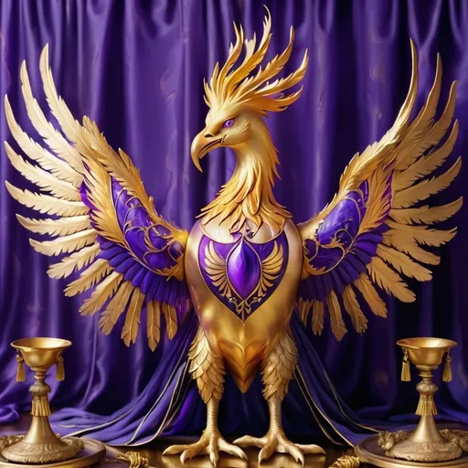 Prompt: A majestic phoenix with its wings spread wide, with seven arrows gripped in its beak, clutching in its claws a murex shell cracked down the middle, against a background of royal purple drapery with gold trimming and tassels