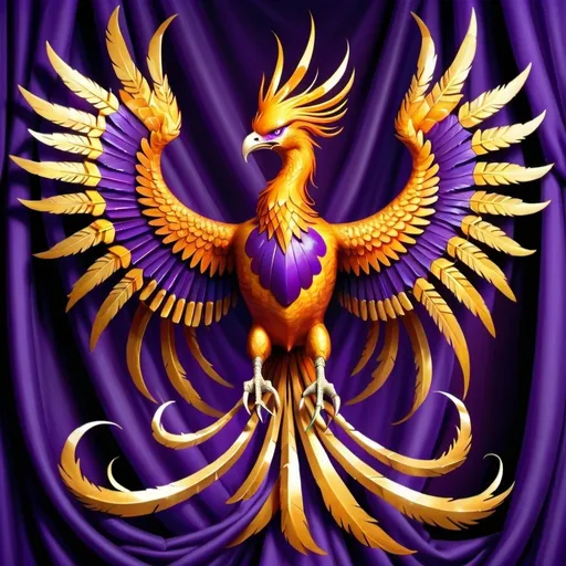 Prompt: A majestic phoenix with its wings spread wide, with seven arrows gripped in its beak, clutching in its claws a murex shell cracked down the middle, against a background of royal purple drapery