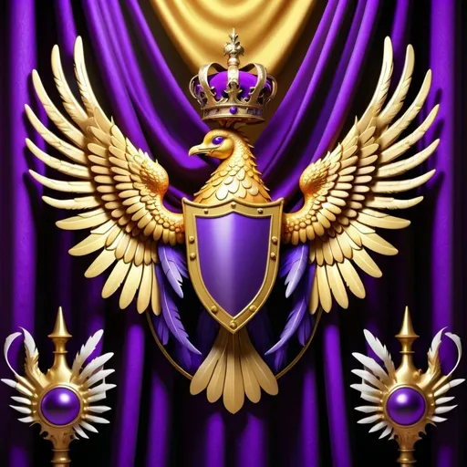 Prompt: Baronial coat of arms with majestic golden phoenix, wings spread wide, royal purple curtain background, noble symbols and crests, 3D rendering, detailed feathers, ornate design, regal atmosphere, high quality, royal, majestic, gold and purple tones, ornate lighting, holding cracked murex snail shell, three arrows in beak