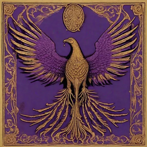 Prompt: Medieval woodcut of majestic phoenix, spread wings, 7 arrows in beak, clutching cracked murex shell, royal purple drapery, gold trimming, detailed feathers, high quality, woodcut, regal, majestic, royal purple, gold accents, intense lighting