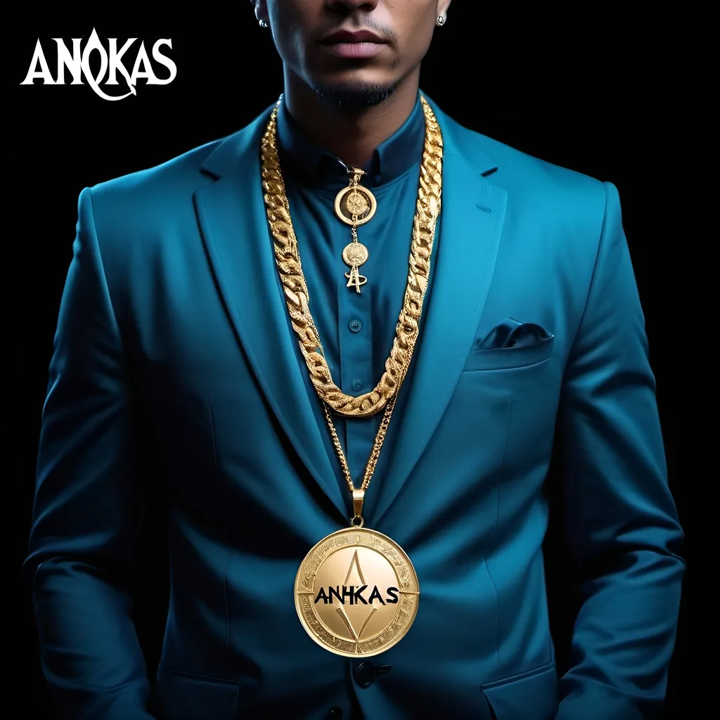 Prompt: a man wearing a gold chain necklace with a word charm on it's neck  written Anokas and a gold chain attached to the neck, Dr. Atl, letterism, arcane, an album cover, space, luxurious