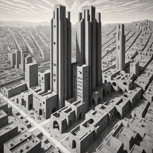 Prompt: Giant towers intertwine in a city that looks like cross between  brutalist architecture, a drawing by M.C. Escher and a sculpture by giacommetti
