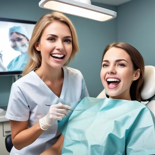 Prompt: a female patient with her mouth open in the dentist's office is sitting in a dental chair and a female dentist is sitting next to her, smiling and looking at a female patient, stock photo, realistic, general plan of the office and the dentist with the patient