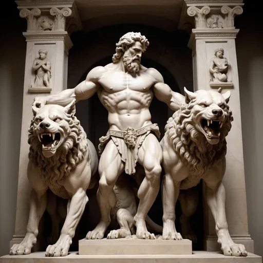 Prompt: The god Hercules, in classical sculptural style, fights the three-headed dog at the gates of hell.

Additional details:

Hercules:
Depicted at his physical peak, with well-defined muscles and a heroic stance.
He wears his lion skin as a cape and his mace in one hand.
His facial expression reflects determination and ferocity.
Cerberus:
A monstrous dog with three heads, each with sharp fangs and a forked tongue.
It is coiled at the entrance to hell, blocking Hercules's path.
Its eyes gleam with ferocity and its body is tense for battle.
Setting:
The gates of hell loom behind Cerberus, with burning flames and smoke visible in the background.
The ground is rocky and uneven, and there are bones and skulls scattered everywhere.
The atmosphere is dark and gloomy, filled with tension and danger.
Style:
Classical sculptural: The image should have a look similar to ancient Greek and Roman sculptures, with defined lines, realistic forms, and attention to detail.
Dynamic: The pose of Hercules and Cerberus should convey movement and energy, as if they were at the height of battle.
Dramatic: The lighting and composition should create a sense of drama and suspense.