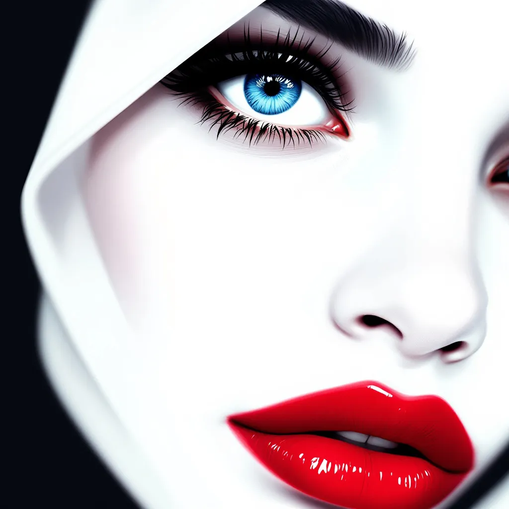 Prompt: With striking blue eyes and bold red lips, the figure stands out against awhit background that enhances her ethereal presence. Her pale skin contrasts sharply with the deep hues around her, creating a sense of depth and intrigue. The smooth, almost porcelain-like quality of her features is accentuated by carefully defined contours and shading, giving her an illustrative quality reminiscent of comic art or graphic design. The lighting is soft yet dramatic, casting gentle shadows that add dimension to her face, evoking a mix of sophistication and allure. This captivating portrayal invites viewers to explore the emotional narrative behind her gaze, blending beauty with an air of mystery.