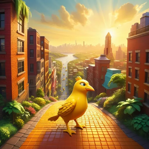 Prompt: (whimsical big yellow bird), walking on a (textured brick road), leading to a (cliff overview), panoramic view of a sprawling (vibrant cityscape), golden sunlight illuminating the scene, lush greenery on the edges, colorful buildings, dynamic sky, cheerful atmosphere, inviting ambiance, high detail, HD quality.