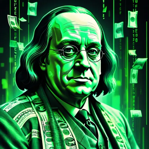 Prompt: Matrix glitch of Benjamin Franklin, digital art, glitch effect, futuristic currency, surreal digital concept, high quality, glitch art, green and black tones, dramatic lighting, intense and surreal, 3D rendering, detailed textures, glitched Benjamin Franklin, money glitch, futuristic, digital, intense lighting, highres, surrealism, glitch effect, dramatic tones