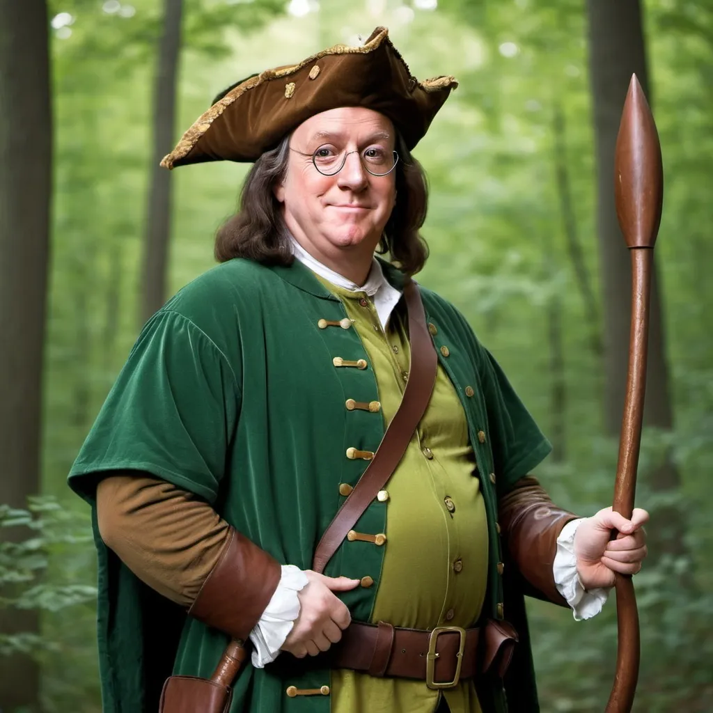 Prompt: Benjamin Franklin dress as Robin hood