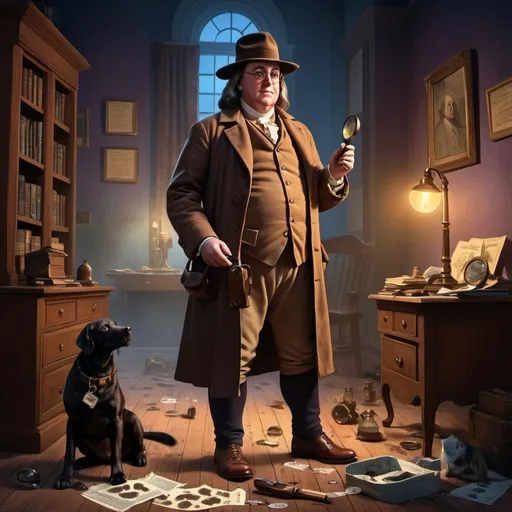 Prompt: Benjamin Franklin as detective collecting evidence of dog at crime scene 