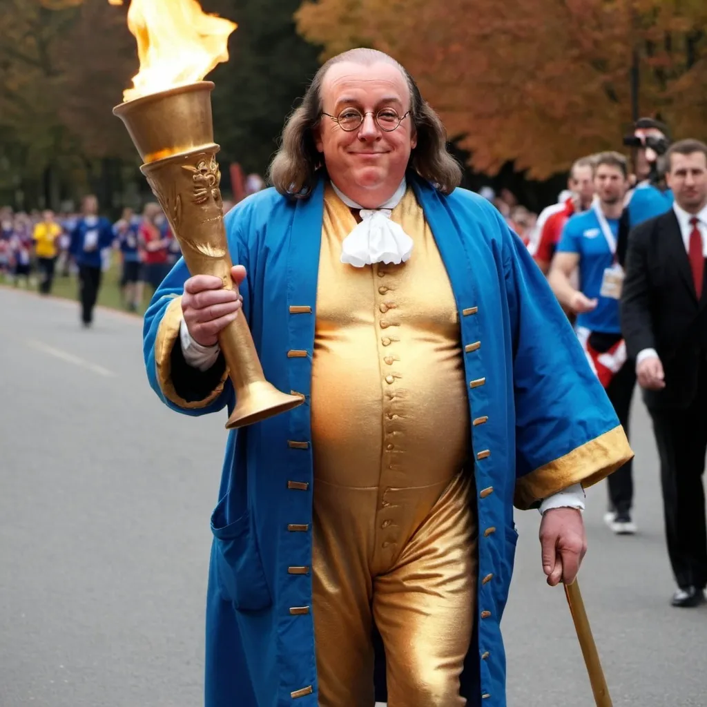 Prompt: Benjamin Franklin carrying Olympics torch