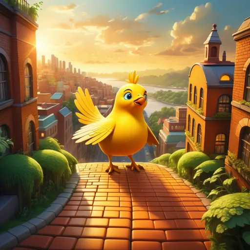 Prompt: (whimsical big yellow bird), walking on a (textured brick road), leading to a (cliff overview), panoramic view of a sprawling (vibrant cityscape), golden sunlight illuminating the scene, lush greenery on the edges, colorful buildings, dynamic sky, cheerful atmosphere, inviting ambiance, high detail, HD quality.