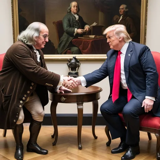 Prompt: Benjamin Franklin and Donald Trump shaking hands 