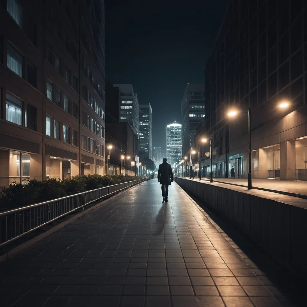 Prompt: A night-time cityscape with a focus on a pedestrian walkway, giving the sense of someone walking alone at night.