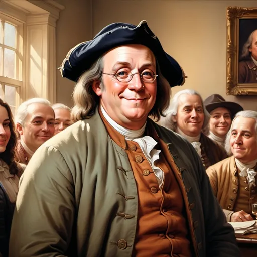 Prompt: Benjamin Franklin in elegant colonial attire, warmly greeting a diverse crowd, oil painting, detailed facial features, warm and inviting atmosphere, high quality, realistic, colonial style, warm tones, soft lighting, diverse crowd, historical, charming smile
