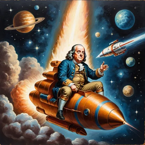 Prompt: Benjamin Franklin riding a space rocket, vintage oil painting, distant galaxies in the background, highly detailed rocket design, focused gaze, historical, professional, dramatic lighting, oil painting, vintage, space exploration, detailed rocket, historical figure, intense eyes, atmospheric lighting